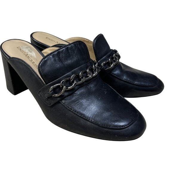 Enzo Angiolini Mule Loafer Chain Slip On Size 7M Black Heels Classic - Picture 1 of 11